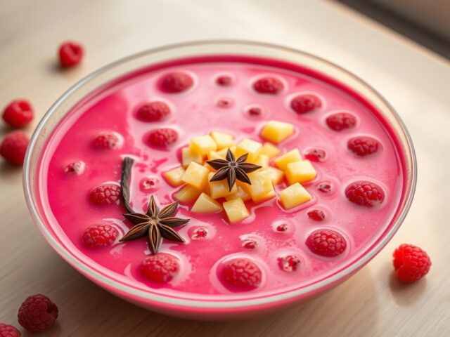 Koude soep van frambozen en jasmijnthee, met gemarineerde ananas