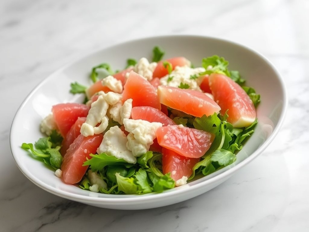 Krab, palmhart en Florida grapefruit salade, AI-gegenereerde illustratie