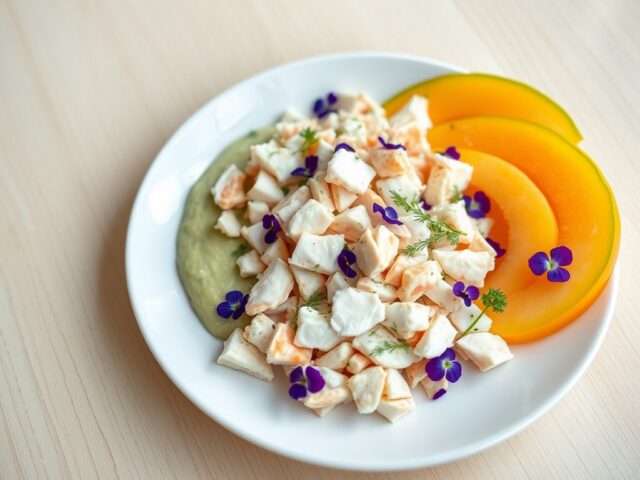 Krabsalade met viooltjes,avocadoroom en meloen