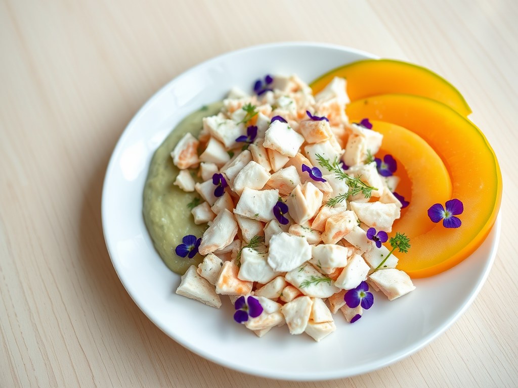 Krabsalade met viooltjes,avocadoroom en meloen, AI-gegenereerde illustratie