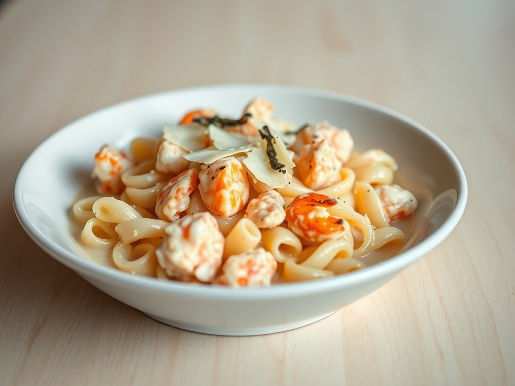 Kreeft met pasta in bloemkoolcrème, AI-gegenereerde illustratie