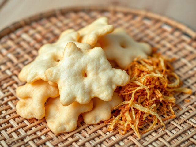 Kroepoek oedang en Brambang goreng