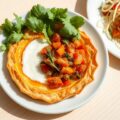 Krokant filotaartje met camembert, abrikozensalsa en taugésalade