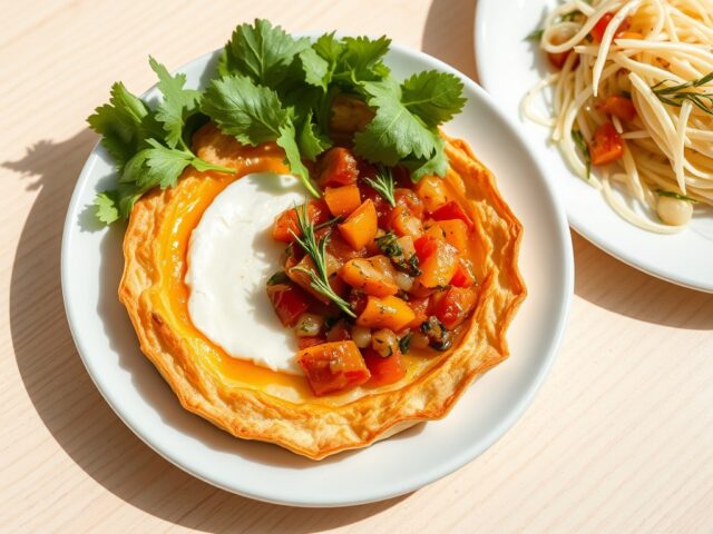 Krokant filotaartje met camembert, abrikozensalsa en taugésalade