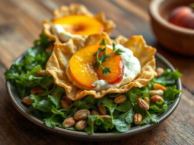Krokantjes met crottin de Chavignol en nectarine, salade met pijnboompitten