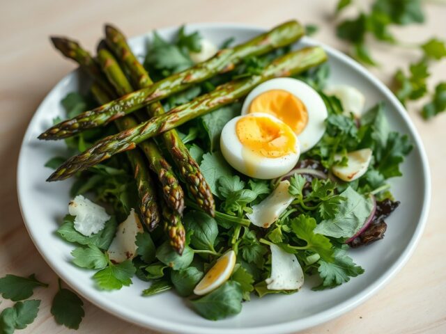 Kruidensalade met gegrilde groene asperges