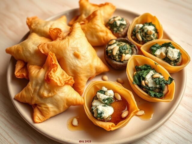 Kruidige filo-pakjes, gevulde champignons en gevulde pastaschelpen