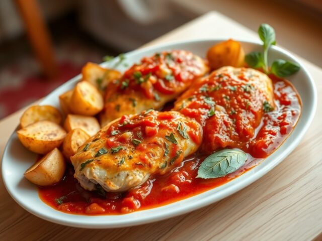 Kruidige kip met tomatensaus en aardappelen