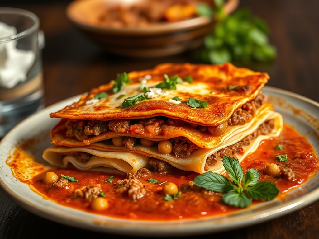 Kruidige lasagne met lamsgehakt, AI-gegenereerde illustratie