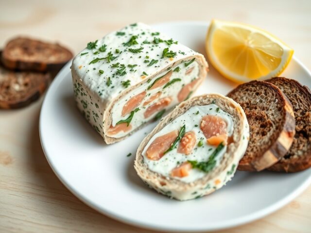 Kwarkterrine met zalm en roggebrood. (zie opm )