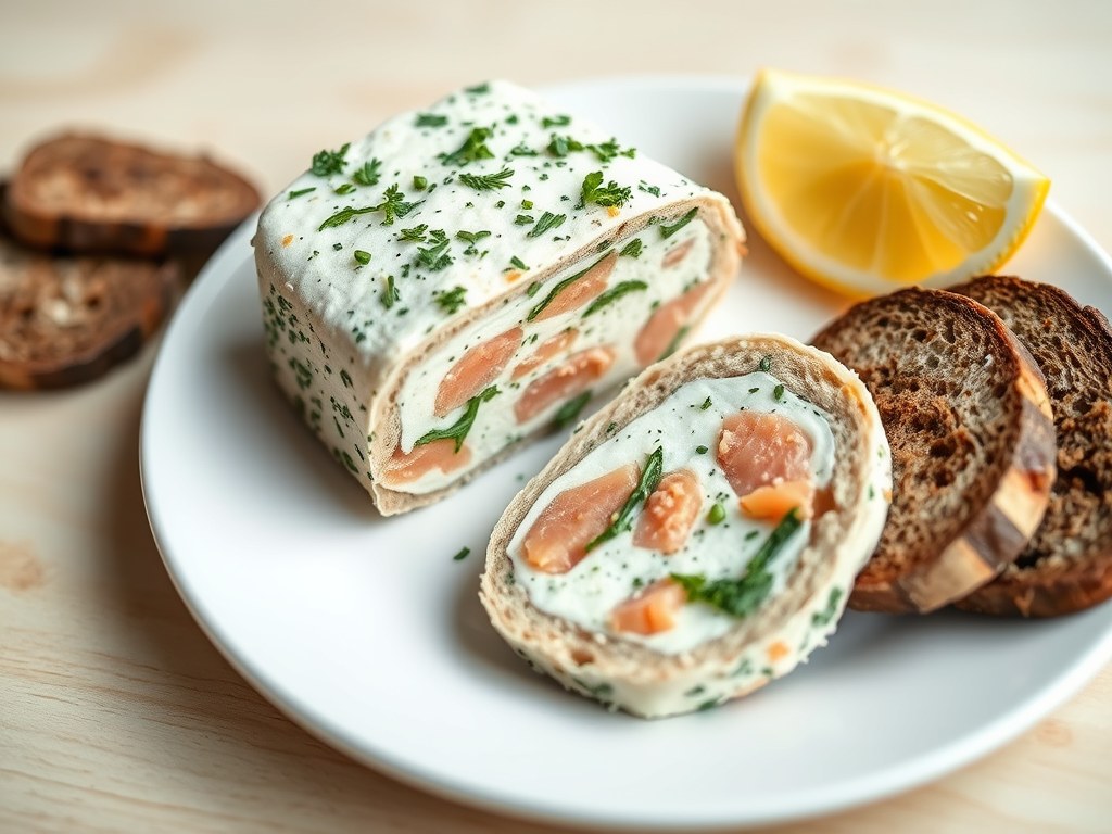 Kwarkterrine met zalm en roggebrood. (zie opm ), AI-gegenereerde illustratie