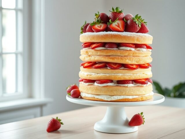 Laagjestaart met aardbeien,mascarpone en room