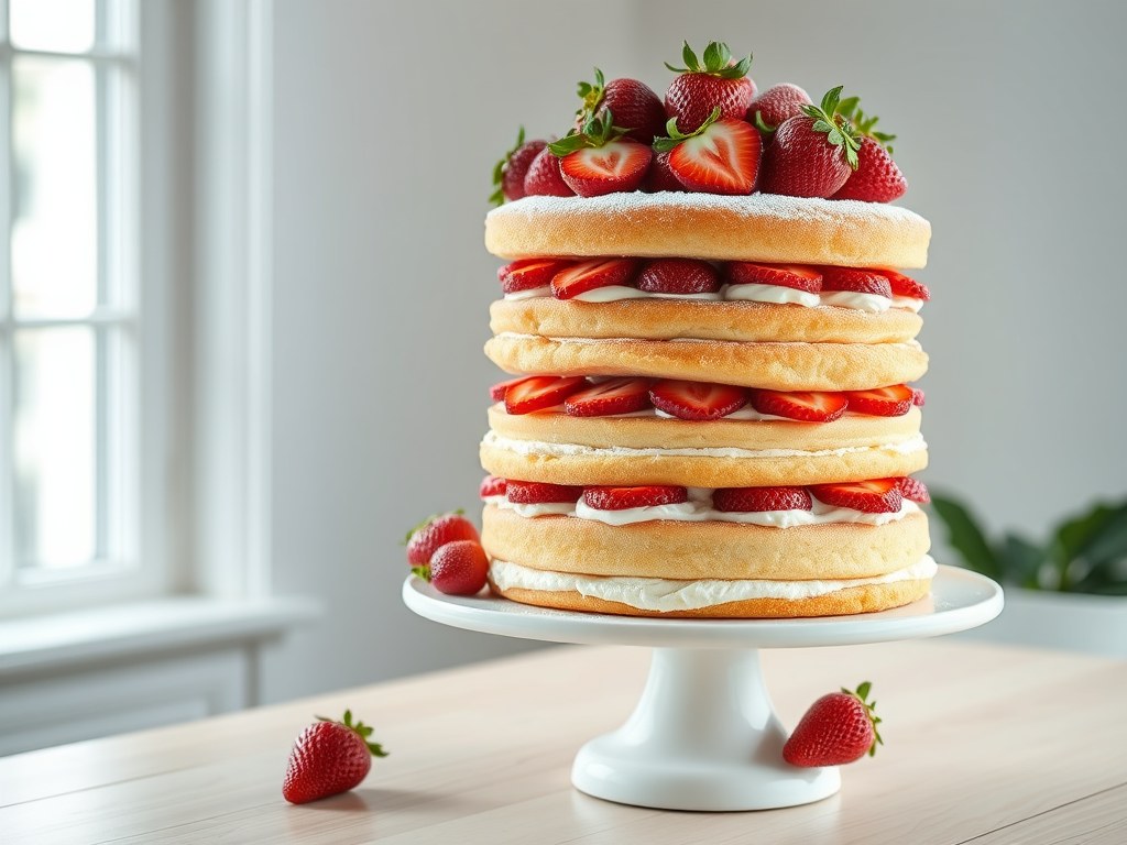 Laagjestaart met aardbeien,mascarpone en room, AI-gegenereerde illustratie