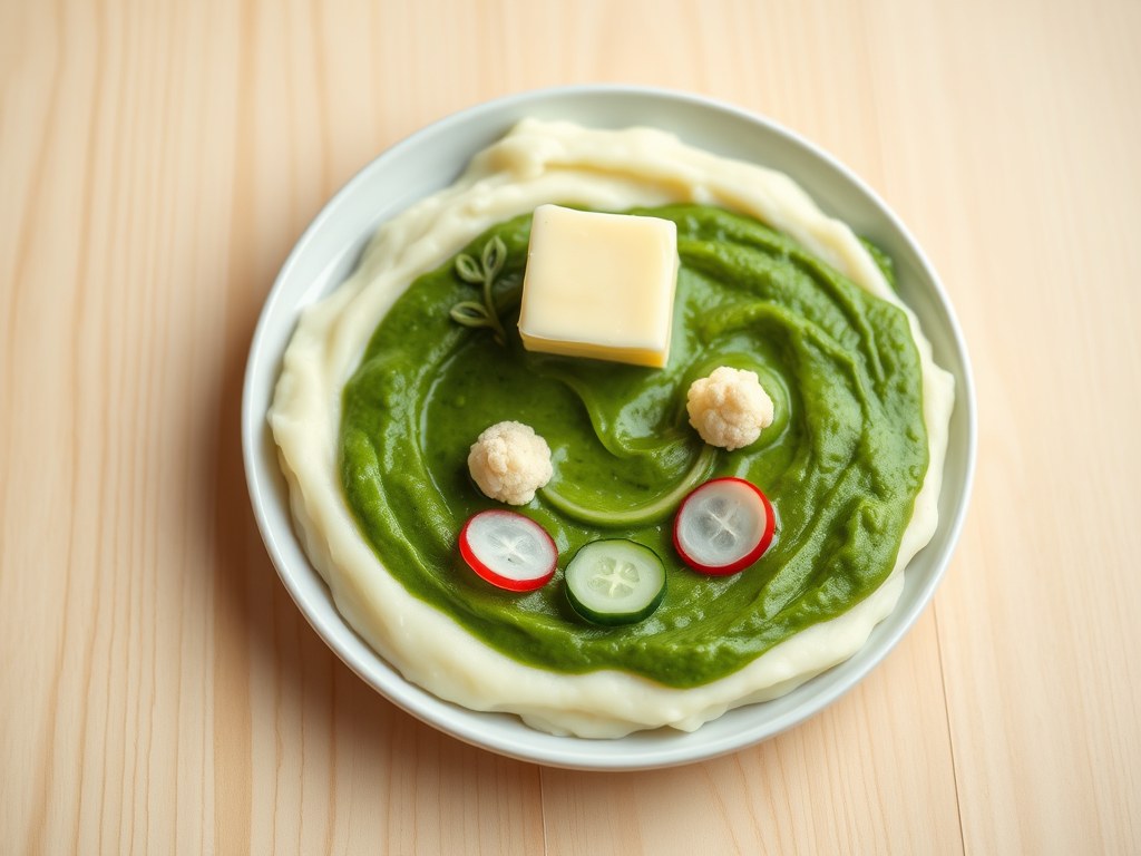 Lach met spinaziepuree!, AI-gegenereerde illustratie