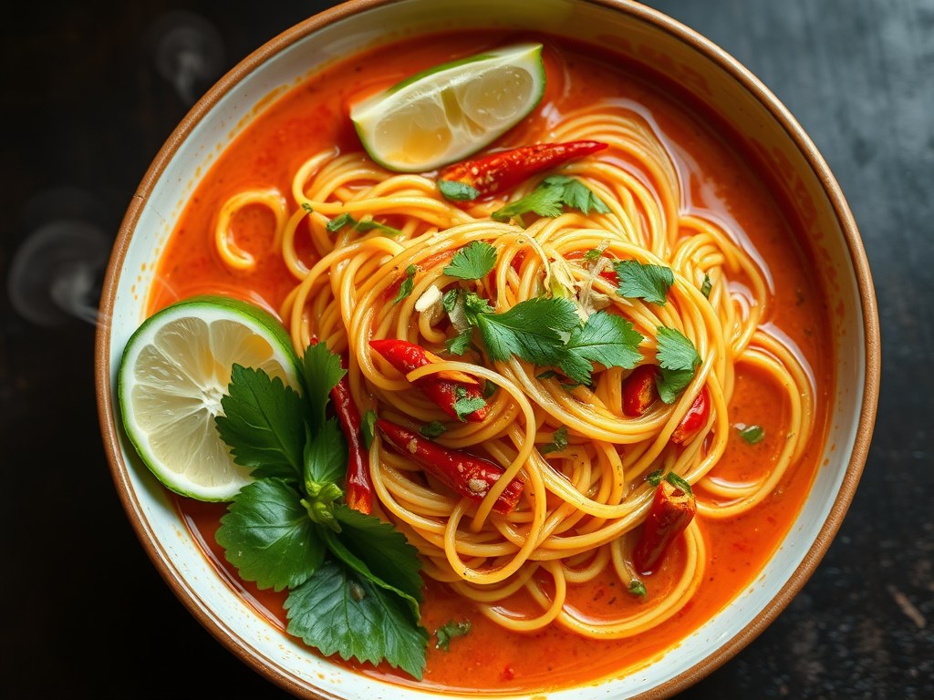 Laksa Pasta = Tom Yum Pasta, AI-gegenereerde illustratie