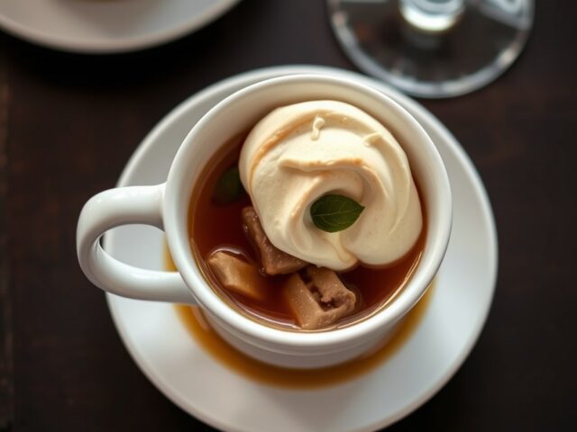 Lamsbouillon ‘Lady Curzon’ met gepocheerde lamsnek
