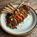 Lamsbout met auberginekaviaar, paprika en geitenkaas
