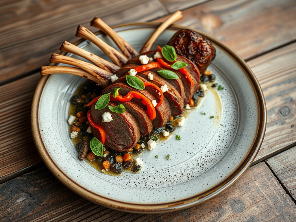 Lamsbout met auberginekaviaar, paprika en geitenkaas, AI-gegenereerde illustratie