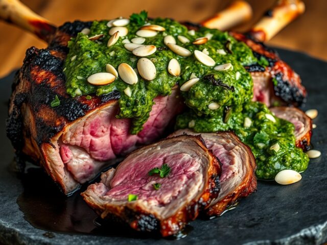 Lamsbout van de Grill met Amandel – Munt – Pesto