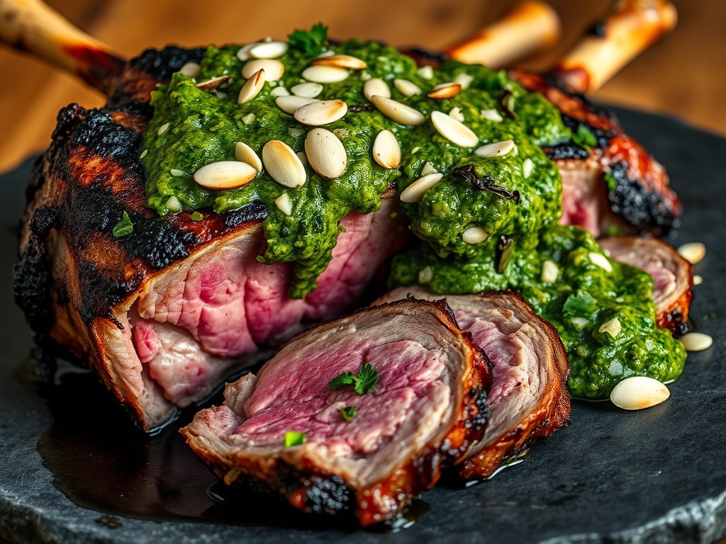 Lamsbout van de Grill met Amandel – Munt – Pesto, AI-gegenereerde illustratie