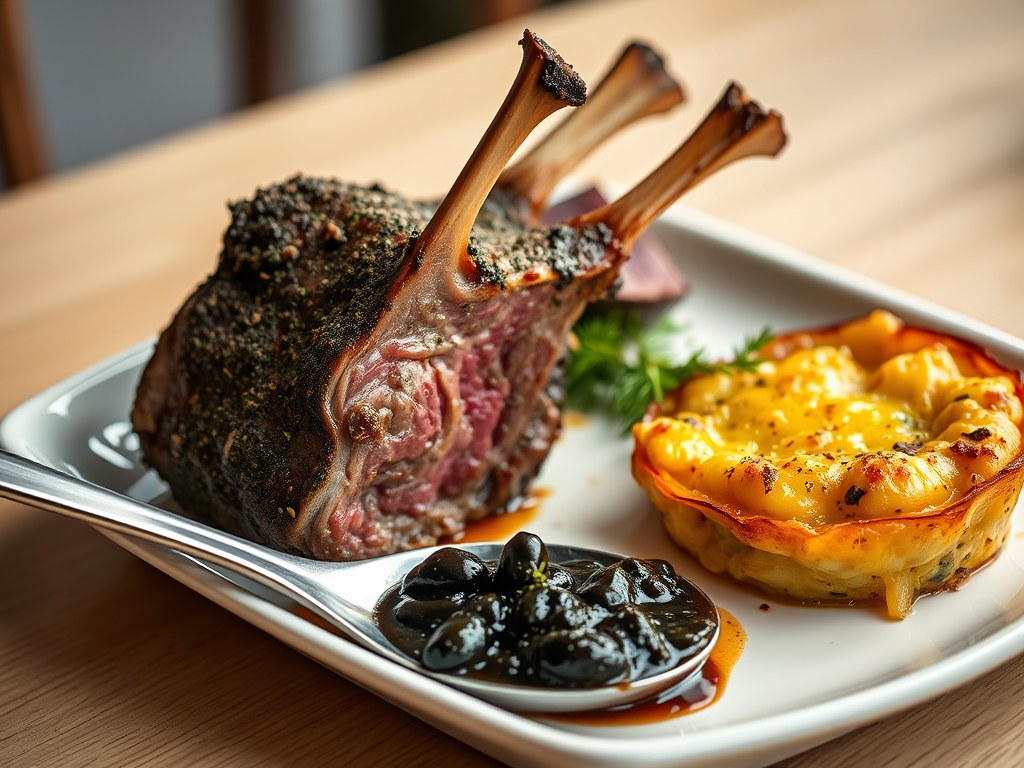 Lamskroon met tapenade en groentegratin, AI-gegenereerde illustratie