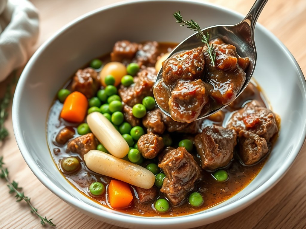 Lamsragout met primeurgroentjes, AI-gegenereerde illustratie