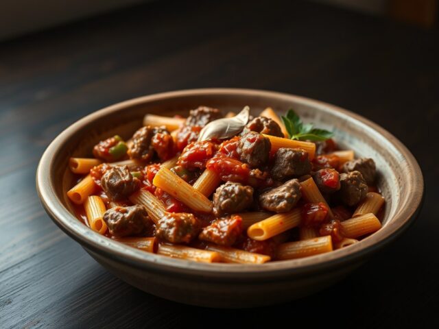 Lamsschotel met pasta en tomaat