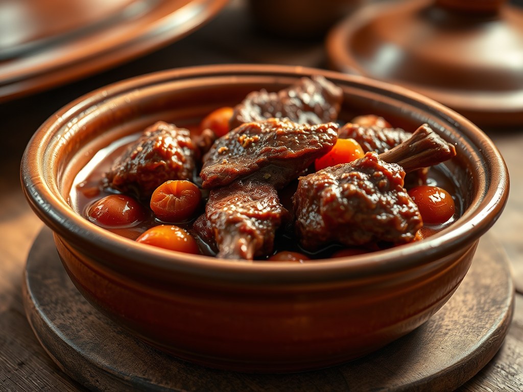 Lamsschouder Tajine met Abrikoosjes, AI-gegenereerde illustratie