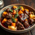 Lamsvlees in een Rode Wijn & Knoflooksaus met Pompoen en Pasta