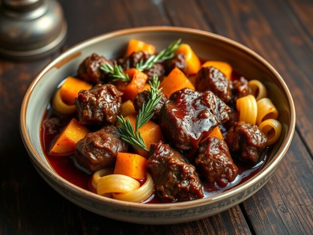 Lamsvlees in een Rode Wijn & Knoflooksaus met Pompoen en Pasta