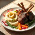 Lamsvlees met lentegroentjes en aardappelpuree