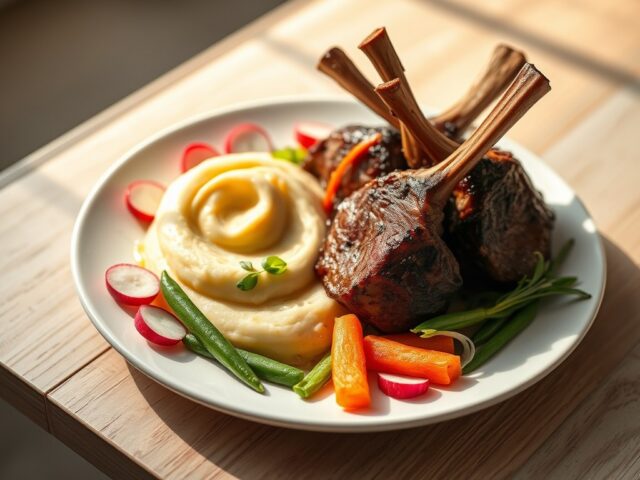 Lamsvlees met lentegroentjes en aardappelpuree