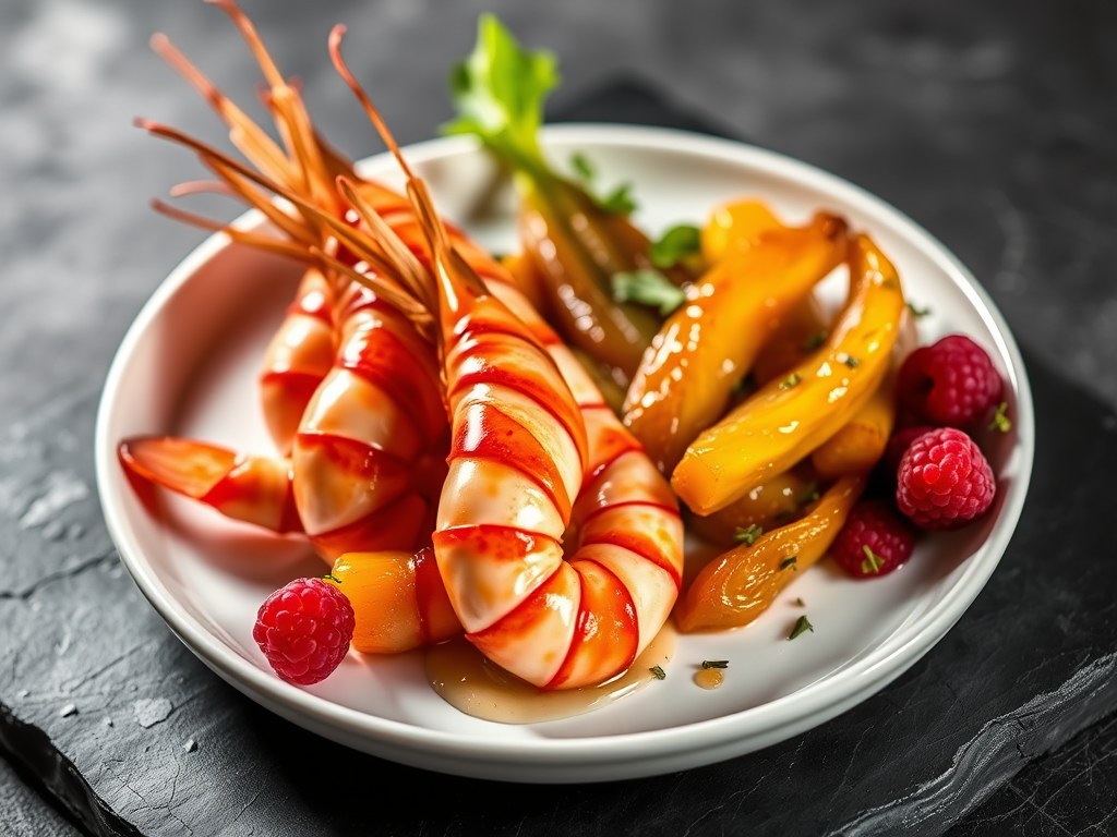 Langoustines met gekonfijt witlof, AI-gegenereerde illustratie