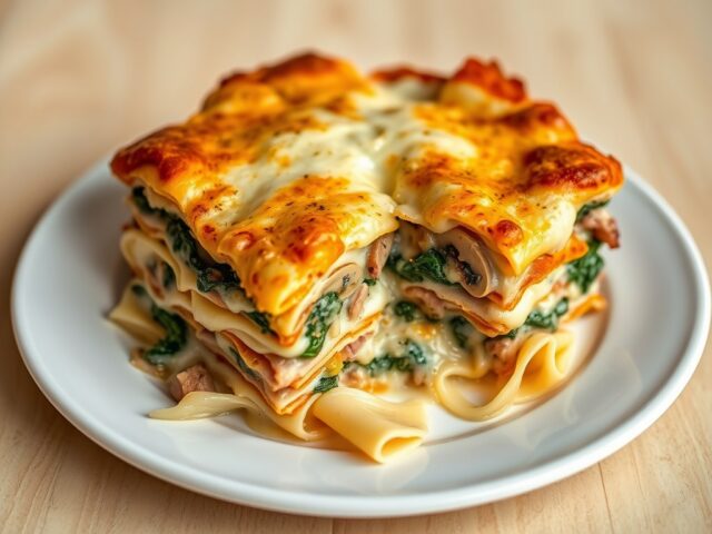 Lasagne met champignons, spinazie en ei/ham