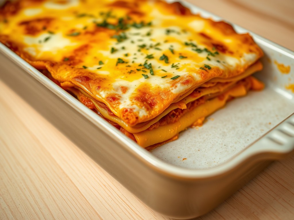 Lasagne met pompoen en tomaat, AI-gegenereerde illustratie