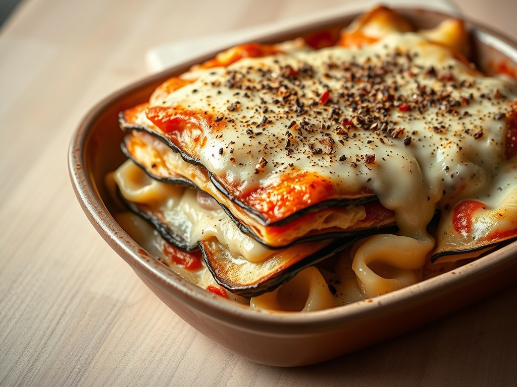 Lasagne van aubergine, AI-gegenereerde illustratie
