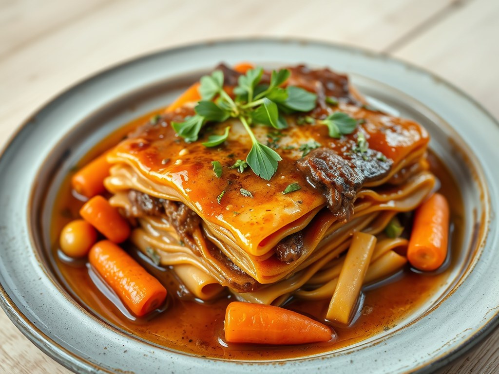 Lasagne van boerderij lamsnek, AI-gegenereerde illustratie
