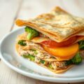 Lasagne van loempiavellen met kip en perzik