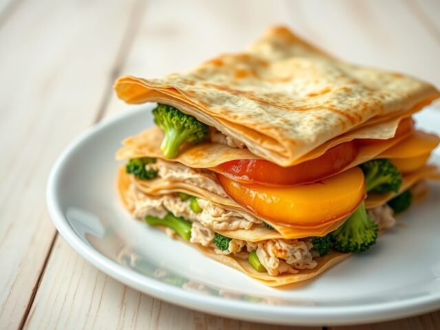 Lasagne van loempiavellen met kip en perzik
