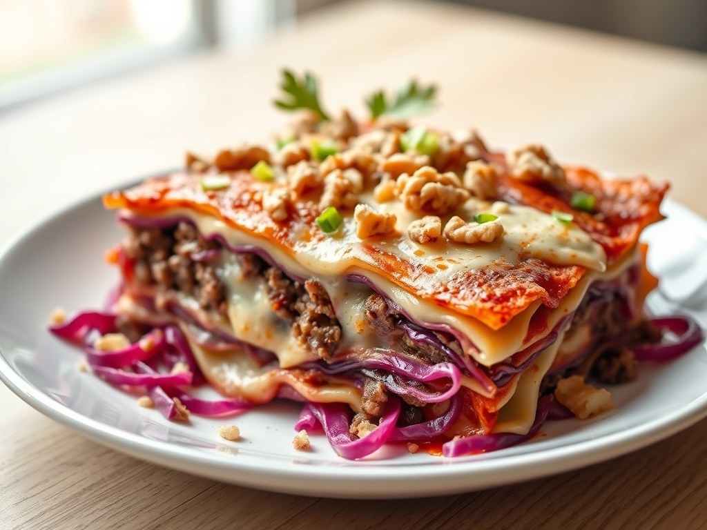 lasagne van rode kool, AI-gegenereerde illustratie