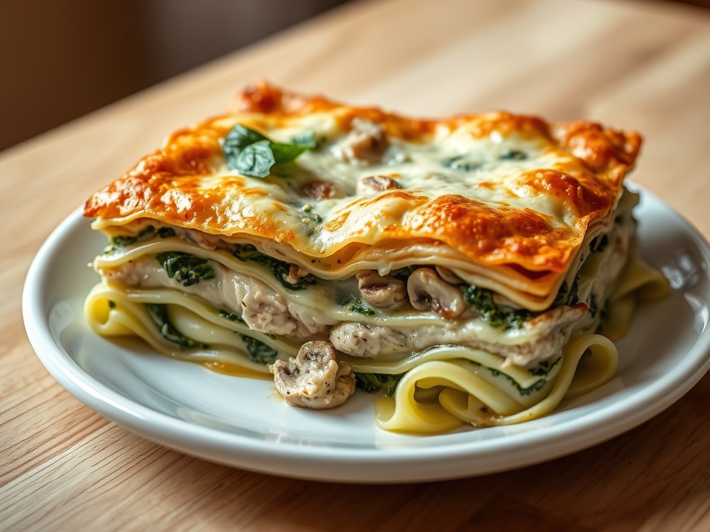 Lasagne verde met spinazie en kipfilet, AI-gegenereerde illustratie