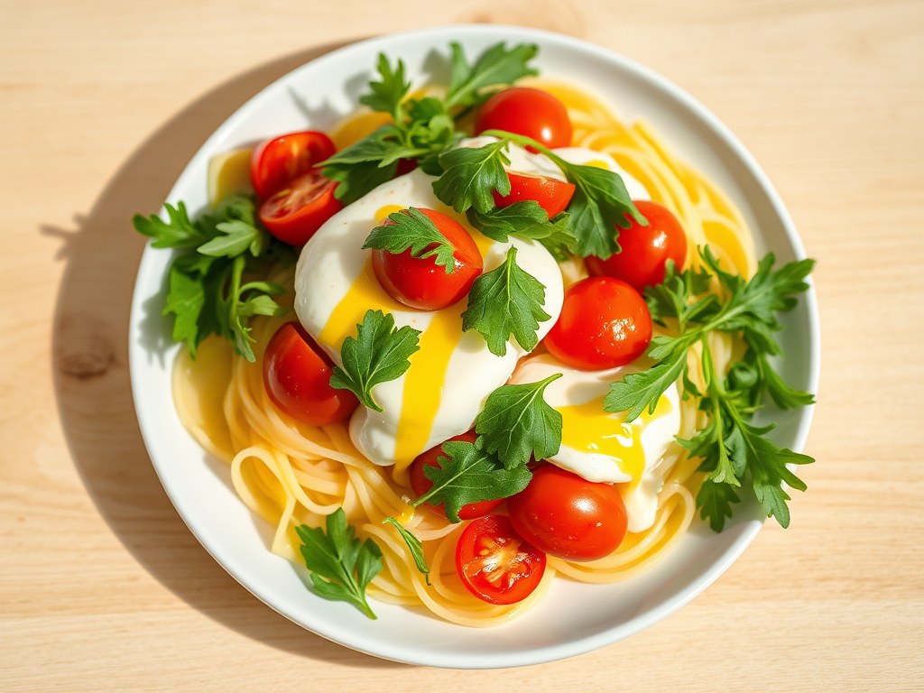 Lasagnette met mozzarella, tomaat en rucola, AI-gegenereerde illustratie