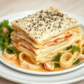 Lauw-warme lasagne van Canadese zeekreeft