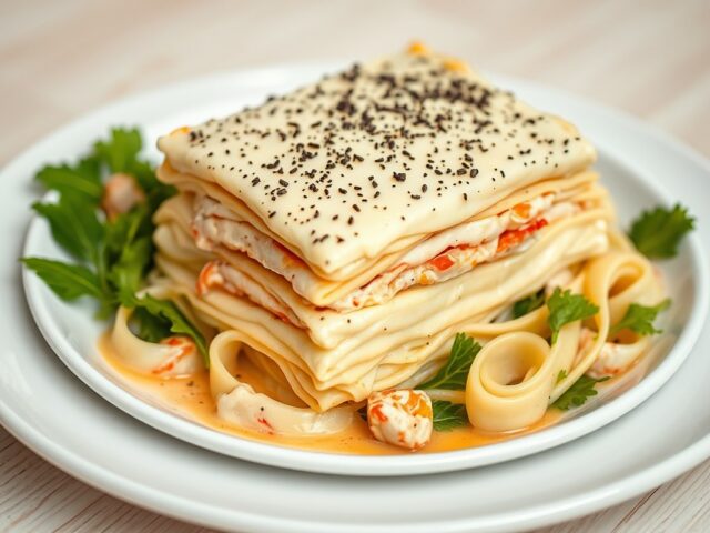 Lauw-warme lasagne van Canadese zeekreeft