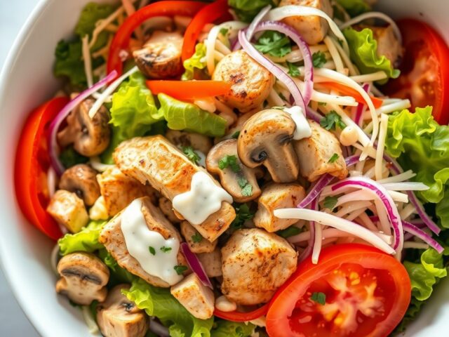 Lauw warme salade met kip etc.