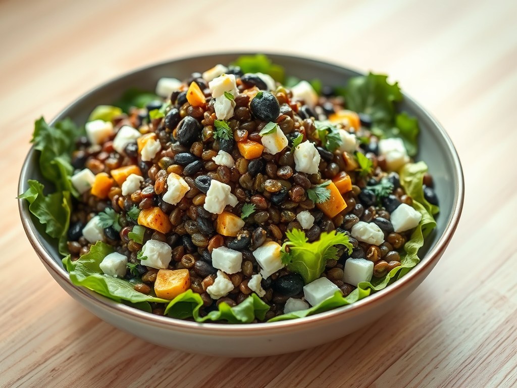 Lauwwarme linzensalade met geitenkaas, AI-gegenereerde illustratie