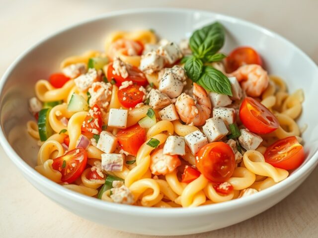 Lauwwarme pastasalade met garnalen en tonijn…..