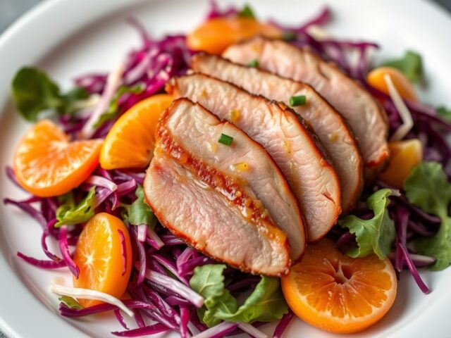 Lauwwarme rode koolsalade met gerookte eendenborst