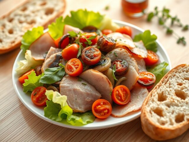 Lauwwarme salade met beenham en cherrytomaatjes