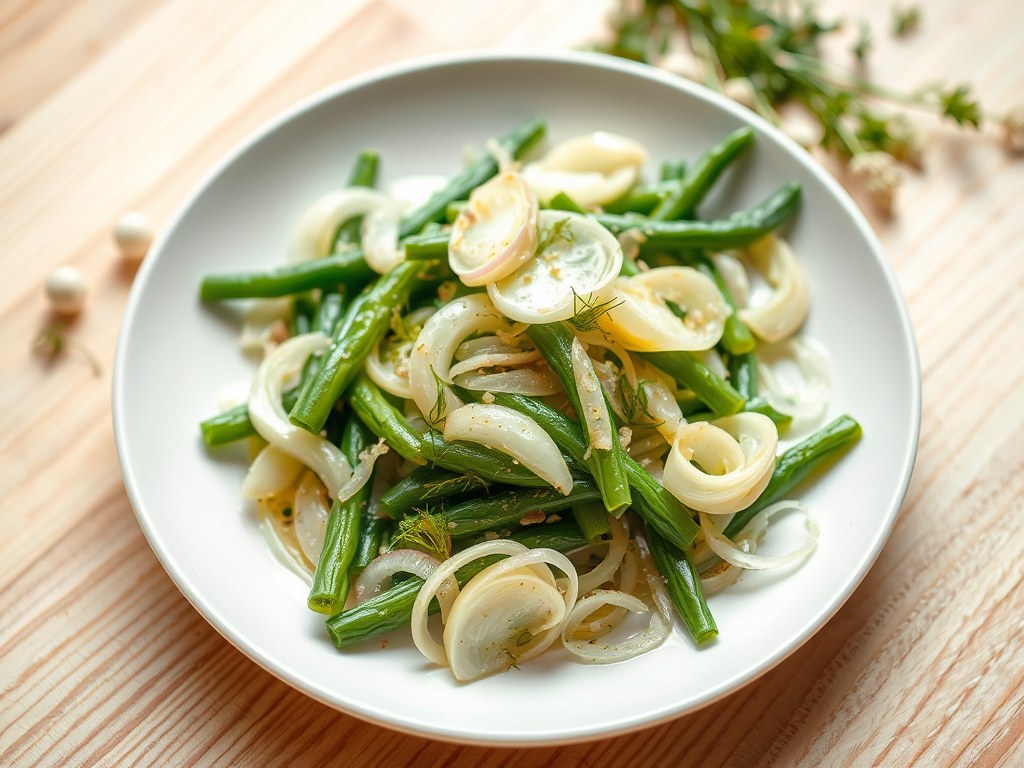 Lauwwarme salade van venkel en sperziebonen, AI-gegenereerde illustratie